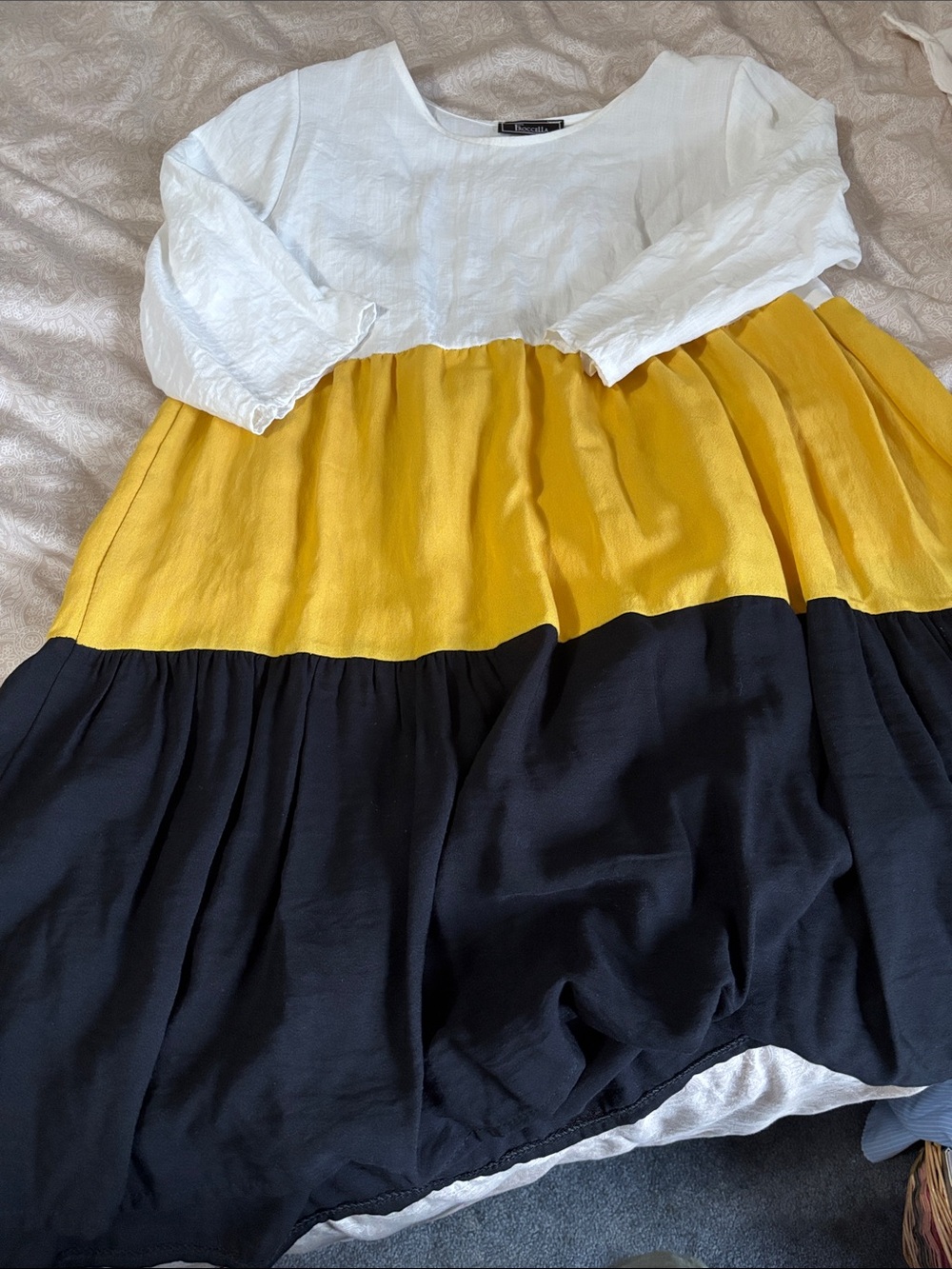 Froccella Colour block Tiered Dress in White, Yellow & Black
